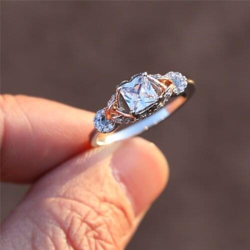 Princess Cut White Zircon Square Stone Ring Vintage Fashion Rose Gold Silver Color Rings For Women Classic Two Tone Jewelry Gift