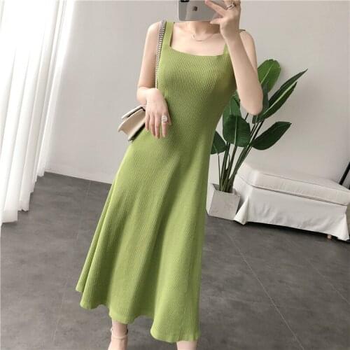 2021 Summer Popular Maxi Dresses for Women Retro Dress Long Knitted Inner Vest Ice Silk Super Fairy Causal French Dress Women