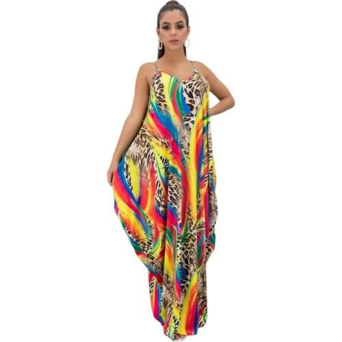 Rainbow Leopard Patchwork Sexy Floor Length Dress Woman Spaghetti Strap Open Back Boho Dress Streetwear Female Loose Long Robe