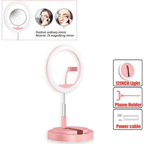 12inch Ring Light Fill LED Light USB Desktop Lamp Dimmable with Mirror ,Phone Holder Extendable Stand for Selfie Makeup
