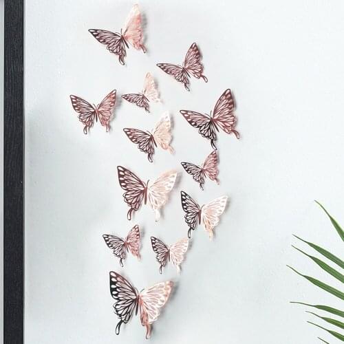12Pcs 3D Wall Stickers Hollow Butterfly Rose gold/Golden/Silver Wall Stickers DIY Art Home Decor Wall Decals cute room decor