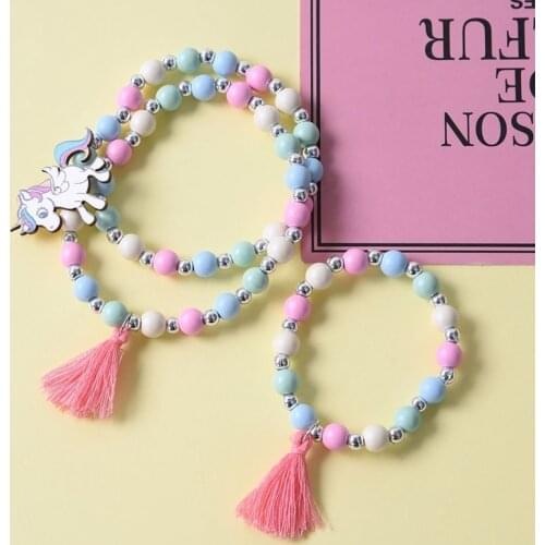 2pcs/set Kids Cute Cartoon Wooden Flower Unicorn Childrens Sweater Necklace Bracelet For Kids Birthday Gift Children Jewelry