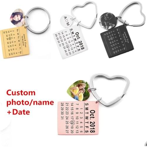 2020 Personalized Dated Keychain Custom Photo Calendar Stainless Steel Private Engrave Photo Name Calendar with Heart Keyring
