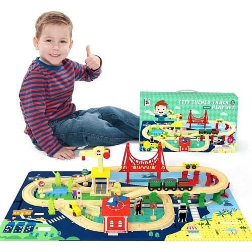 2021 Wooden Train Set Educational Puzzle Toy Compatible Brand Wooden Track with Dinosaur Play Mat Toy Gift for Kids Toddlers