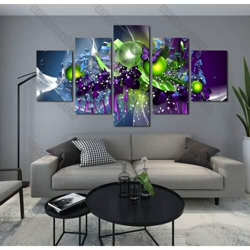5 Pieces Hd Printed Canvas Painting Shiny Ribbons with Green Bead and Purple Butterflies Posters for Home Rooms Wall Decoration