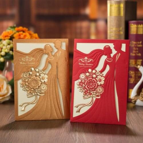 50pcs/lot Bride & Groom Laser Cut Wedding Invitations Cards Romantic Red Gold Floral Marriage Card Printable Party Supplies