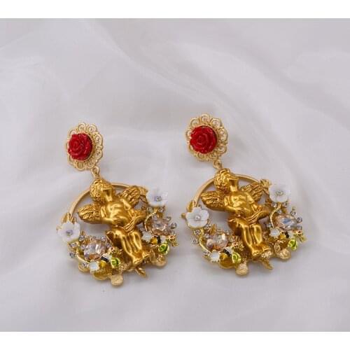 Baroque European And American Ancient Style Cute And Sweet Earrings Angel Rose Flower Elegant Banquet Ear Jewelry Female