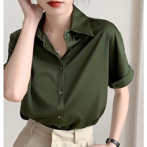Blusas De Satin Mujer 2021 Shirt Womens Summer Green for Women Retro Top Dropshipping Solid V-Neck Button Elegant Fashion 1008
