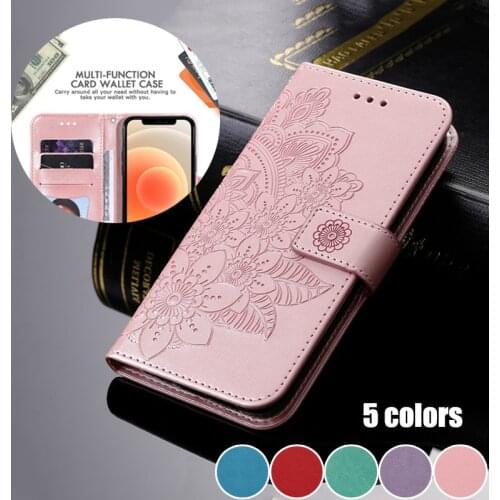 Embossed Seven-petal Flower Leather Flip Case For Samsung Galaxy S20 S21 Plus S20 S21 FE A52 A72 A51 A71 A21S Cover Etui Coque