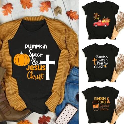 Pumpkin Spice Jesus Christ T Shirt Women Halloween Party Graphic Tee T-shirt Casual Top Tshirt Female Tshirts Thanksgiving Gift