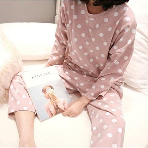 Sweet Women Pajamas Sets Polka Dot Printed Kawaii Nighty Sleepwear Female Casual Autumn Spring Pajamas Set