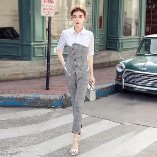 New arrival fashion sets for women elegant office lady temperament pants and plaid patchwork shirt work style two piece sets