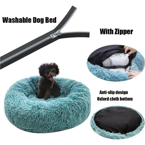Round Plush Dog Bed with Zipper House Dog Mat Winter Warm Sleeping Cats Nest Soft Long Plush Dog Basket Pet Cushion Portable