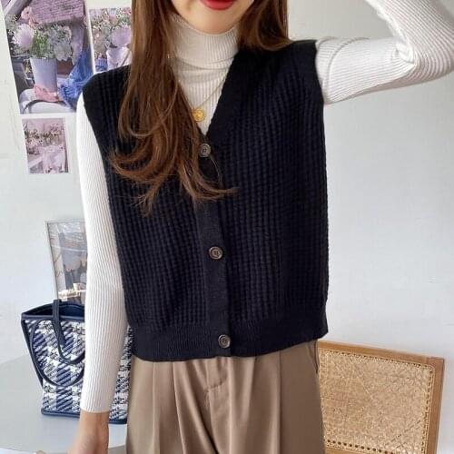 LJSXLS Solid knitted Button Open Stitch Vest Women Sweater 2021 Spring Autumn Korean Style Loose V-neck Sleeveless Sweater Vest