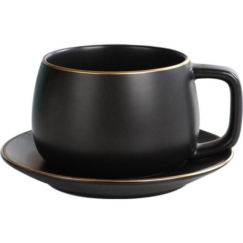 Luxury Coffee Cup and Saucer Set Unbreakable Gold Rim European Tea Cup Set Black Summer Chavenas De Cafe Home Drinkware QAB50BZ
