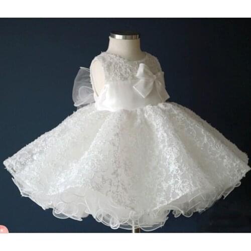 New White Infant Baptism Gown Lace Knee Length Toddler Girl First Birthday Dress for Ceremony