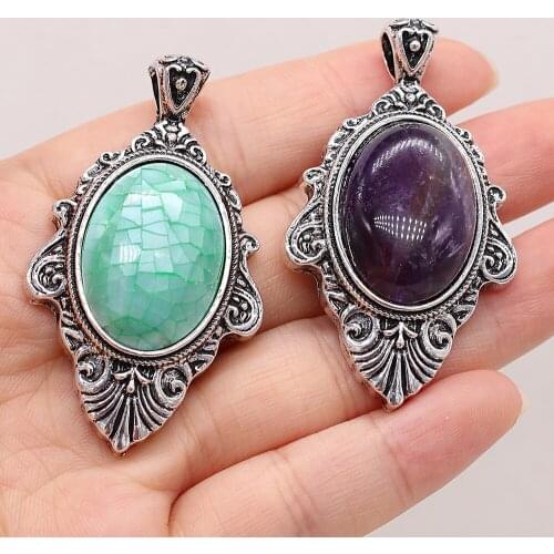 New Vintage Abalone Shell Pendants Charms Elliptical Malachite Amethysts Pendant for Jewelry Making DIY Necklace Accessories