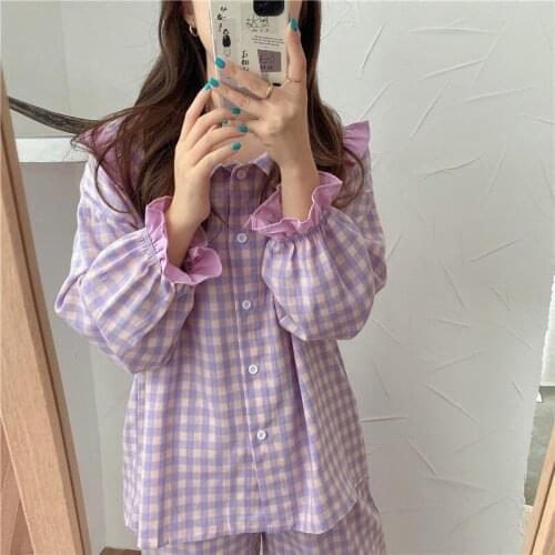 Hstar Pyjamas Women Soft Cotton Home Wear 2021 Autumn Winter Pijama Female Pants Suit Lapel Plaid Pajamas Set Sleepwear Suits