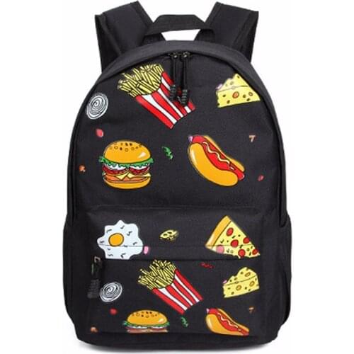 Women & Men Graffiti Backpack Printing Cartoon Food Hamburg Chips Rucksack Couple Oxford School Bag Travel Packs Mochila