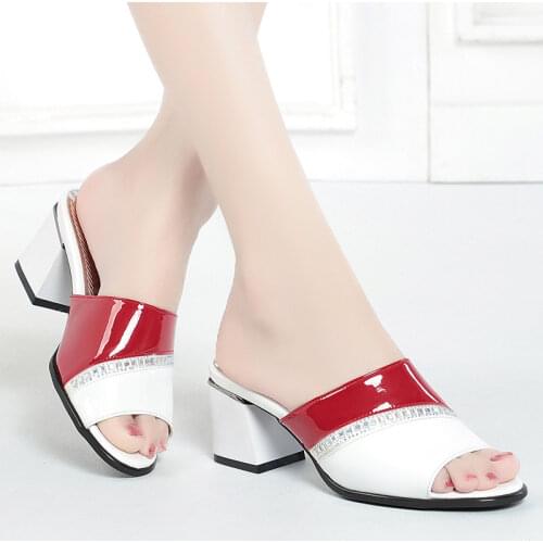 GIYU Summer Slippers For Women 2021 New High Heels Sandals Outside Wear Fish Mouth Flip Flops Female Casual Patent Leather Shoes