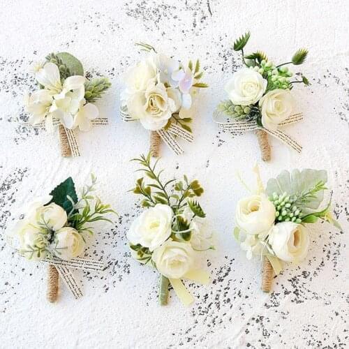 Silk Boutonniere Flowers Wedding Corsage Pins White Pink Groom Boutonniere Buttonhole Men Wedding Witness Marriage Accessories