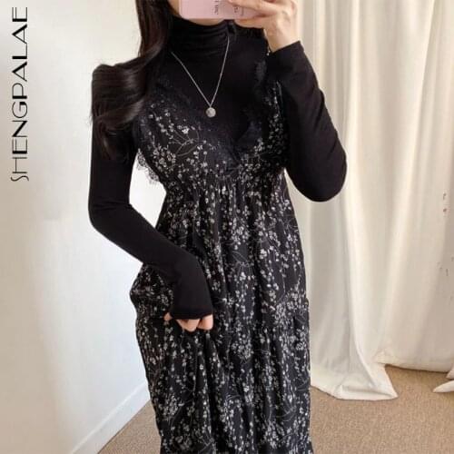 SHENGPLLAE Lace Patchwork Chiffon Floral Dress Womens Spring 2021 New V-neck Sleeveless Suspender Mid-calf Dresses Female 5B477