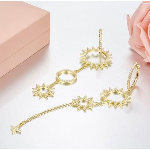 SOELLE 925 Sterling Silver Yellow Gold Color Asymmetric Geometric Long Earrings with Sun Pendant Zircon CZ Women Fine Jewelry