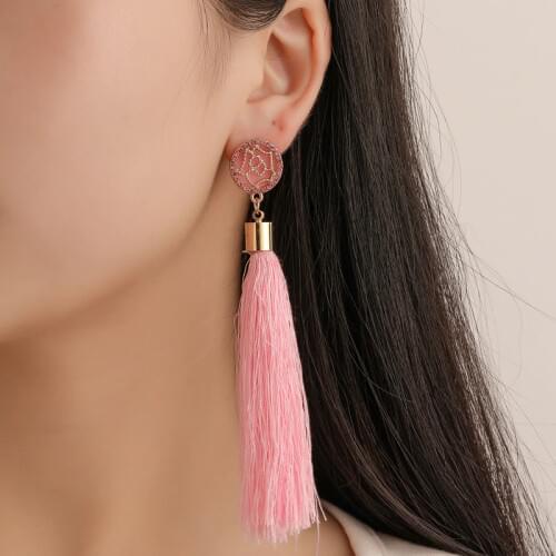Hollow Cloth Round Metal Camellia Rose Long Yellow Blue Green Purple White Black Tassel Women Dangle Earrings & Drop Earrings
