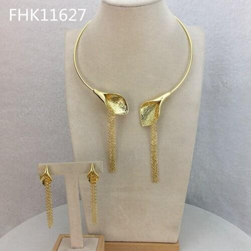 Yuminglai African Jewelry Party Chuker Gold Color Tassels Necklace and Earrrings Jewelry Sets for Women FHK11627