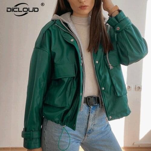 Trendy 2021 Autumn Winter Women Green Faux Leather Jackets Fake Two Pieces Sweatshirt Hooded Patchwork Pu Leather Coat Jacket