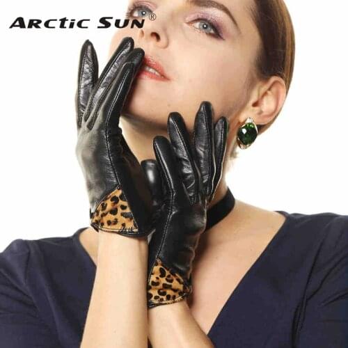 Women Leather Gloves Fashion Leopard Wrist Bowknot Genuine Lambskin Glove Winter Solid Warm Driving For Lady Freeshipping L100NQ