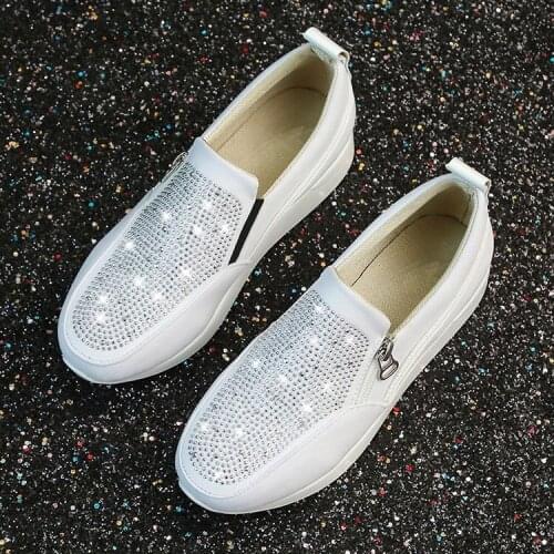 2021 New Ladies Crystal Sports Shoes Spring and Autumn Leisure Zipper Flat Shoes Non-slip Breathable Outdoor Vulcanized Shoes