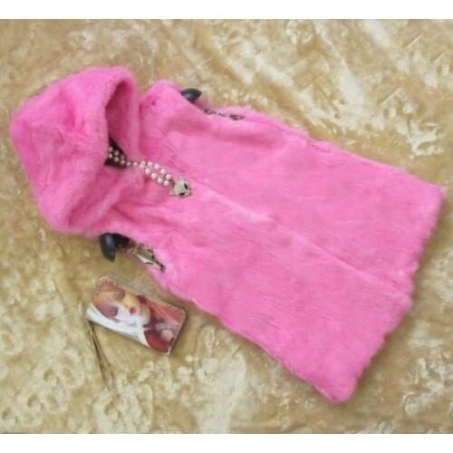2016 womens winter rabbit fur vest 100% real natural whole skin full pelt Long Slim Hooded outerwear