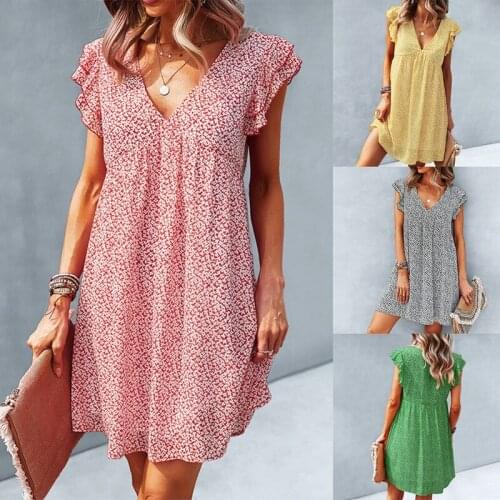 Summer Loose Dress V Neck Flying Sleeve Floral Print Dresses for Women Sexy Dress Beach Boho