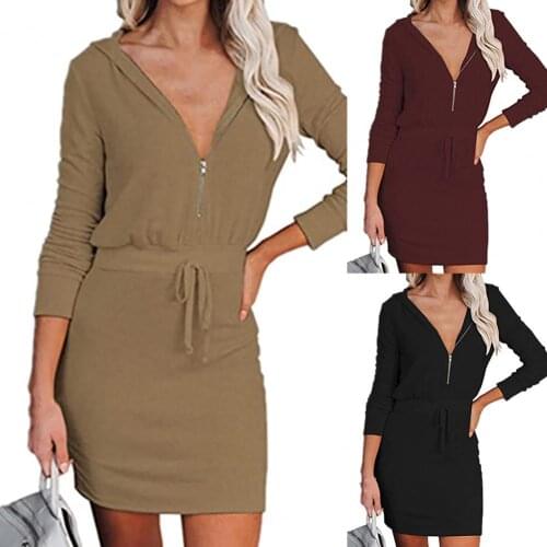Hot Sales Women Dress Solid Color Breathable Long Sleeve V Neck Women Dress for Autumn