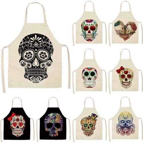 1Pcs Skull Pattern Kitchen Apron for Cooking Sleeveless Cotton Linen Aprons Adult Bibs Home Cleaning Accessories 55*68cm,38*47cm