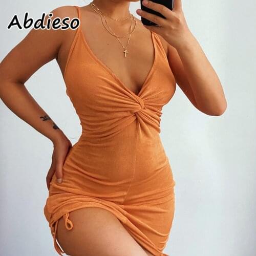 Abdieso Sexy Bodycon Summer Dress Women Party Clubwear Orange Spaghetti Strap Backless Bandage Mini Dresses For Women 2021