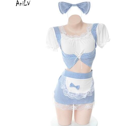 AniLV Lolita Coffee Bar Maid Girl Swimsuit Costumes Anime Kawaii Student Blue Plaid Swimwear Uniform Set Pool Party Cosplay