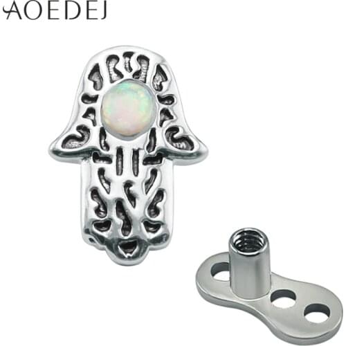 AOEDEJ Hamsa Fatima Hand Dermal Anchor Piercing Jewelry Surgical Steel Fire Opal Natural Stone Skin Retainers Hide It Jewelry