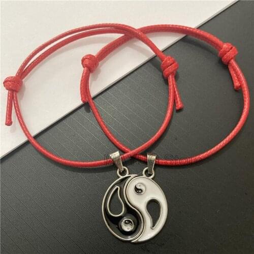 2pcs Couple Bracelet Magnetic Tai Chi Yin Yang Vintage Charm Bracelet Black White Red Rope Adjustable Hand Pendant Jewelry