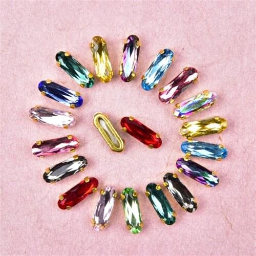 15Pcs 5*15Mm K9 Crystal Glass Diamond Sewing Gold Base Long Oval Rhinestone Wedding Dress Accessories Garment Shoes Diy Decor