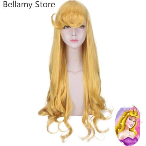Movie Sleeping Beauty Aurora Blonde long big curly Cosplay Wig For Halloween Party Hairwear+wig cap
