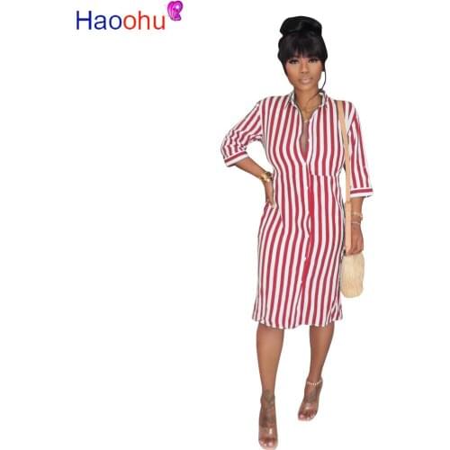 HAOOHU 2020 Women Summer Midi Shirt Dress Fashion Striped Print Loose Bodycon Bandage Party Night Club Street Dresses Vestidos