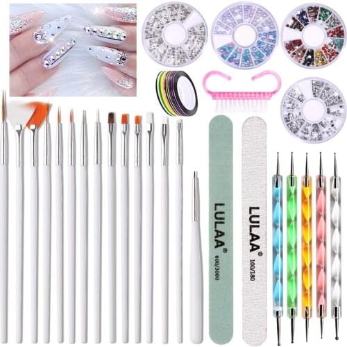 Nail Art Rhinestones Tools Set With Striping Tape &15 Art Pens & 5 Dotting Pen Set Nail Dust Brush Nail Contusion Kit Tools Set