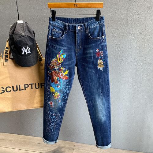 Summer New 2021 Selling Koi Embroideryblue Skinny Jeans Men Brand High Quality Stretch Denim Trousers Chinese Style