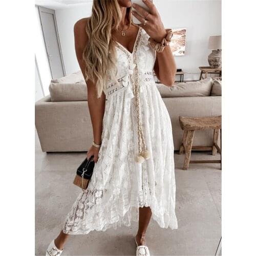 Boho hippie chic frocks White hollow lace asymmetrical maxi dress Women sexy backless v neck spaghetti strap prom party dress