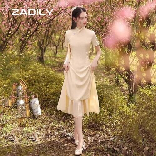ZADILY Solid Color Chinese traditional Women Chiffon Dress 2021 Summer Short Sleeve Tassel Emprie Ladies Party Midi Dresses