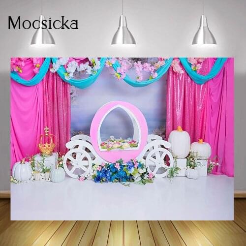 Royal Princess Portrait Backdrop Photo Studio Flowers Pink Curtain Girls Birthday Cake Smash Background Pumpkins Carriage Photo