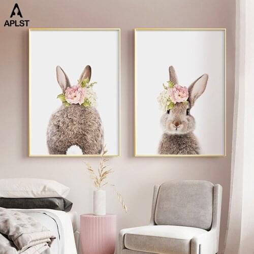 Baby Girls Nursery Poster Rabbit Wearing Flower Crown Canvas Prints & Posters Animal Wall Art Pictures for Kids Room Decals