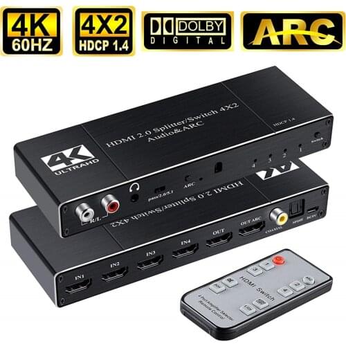 2020 Best 4K@60Hz HDMI 2.0 Switch Remote 4x2 HDMI Switcher Audio Extractor With ARC & IR Switch HDMI 2.0 For PS4 Apple TV HDTV